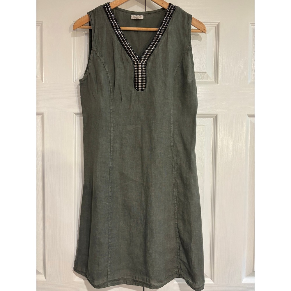 Lina Tomei 100% Linen Sleeveless Dress Women's M Sage Green w/ Rhinestones